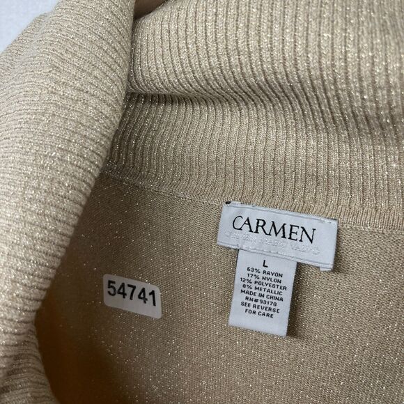 CARMEN Sweater L MARC VALCO Cowl Neck Metallic Pullover Rayon Blend Beige Gold - Picture 14 of 14